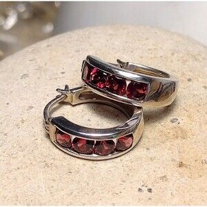 Sterling Silver .925 Hoop Garnet Stone Small Hoop Earrings